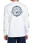white - rear view of mens ben carlson long sleeve tee showing large rear logo of ben carlson memorial and scholarship foundation logo