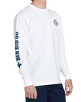 side view of the mens ben carlson long sleeve tee in white showing "Ben Did Go" on right arm