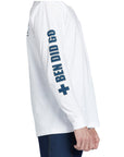 "Ben Did Go" on right arm of mens ben carlson long sleeve tee in white