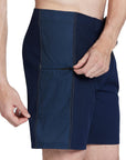 side view of mens ben carlson eject 18.5" straight in navy showing side pocket between yellow stitching