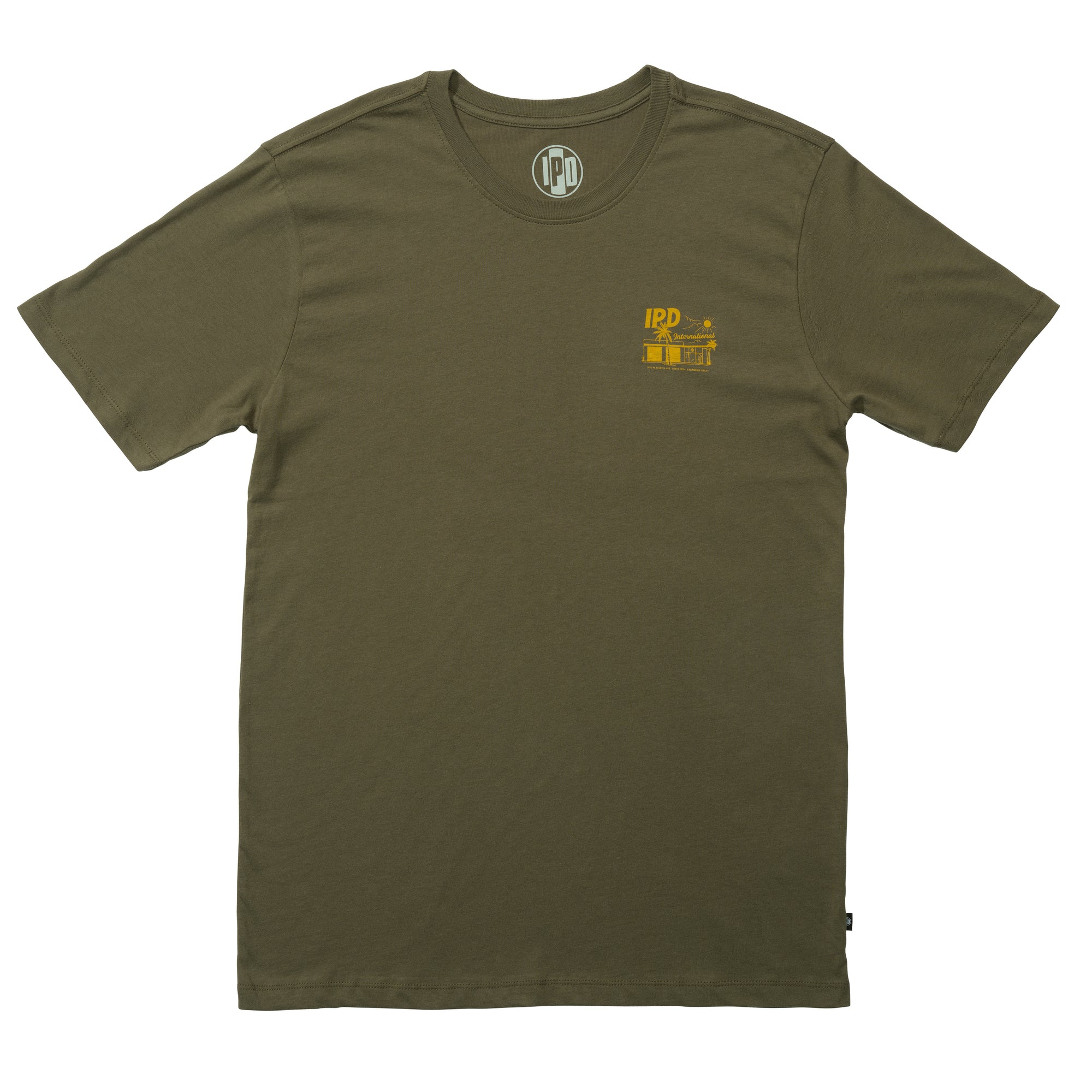 Front view of a dark olive green polyester water resistant short sleeve tee with a small orange I P D logo over the heart.