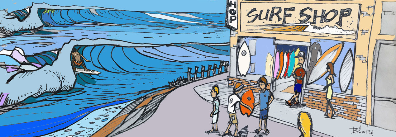 Panoramic cartoon of people mingling outside a surf shop right next to the beach with a surfer riding a breaking wave.