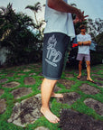 black - right side view of mens faceplant y2k fit 22" boardshort in black showing large IPD graphic on right side thigh
