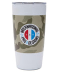 americana tumbler in camo behind the international pro designs logo with USA within circle - front view