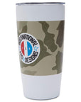 partial side view of tumbler showing left side of logo and continued camo surrounding entire mid section of tumbler