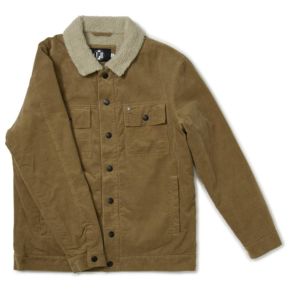 The front view of a brown corduroy jacket with a sherpa collar, two chest patch pockets and two side pockets at the waist. Metal snaps are along the closure of the jacket as well as one on each front patch pocket and on the cuffs.