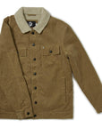 The front view of a brown corduroy jacket with a sherpa collar, two chest patch pockets and two side pockets at the waist. Metal snaps are along the closure of the jacket as well as one on each front patch pocket and on the cuffs.