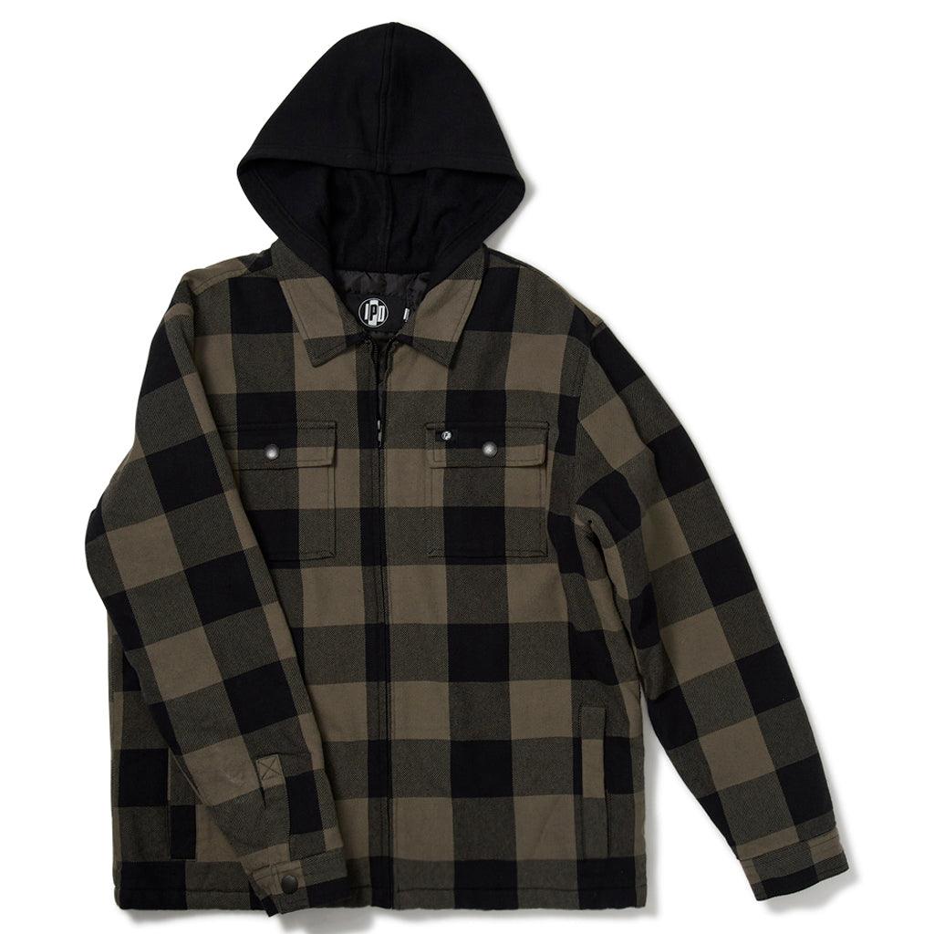 The front view of a hooded flannel jacket with two front chest patch pockets and two side pockets at the waist. Each front chest patch pocket and the cuffs of the sleeves have a metal snap. The flannel is olive and black. The hood is solid black.