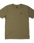 Front view of an olive green polyester water resistant short sleeve Low Key Surf Shirt with a small I P D logo over the heart.