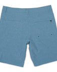 rear view of mens carter hybrid walkshort in banjo blue showing two rear pockets one with zipper closure and one without along with belt loops along waist