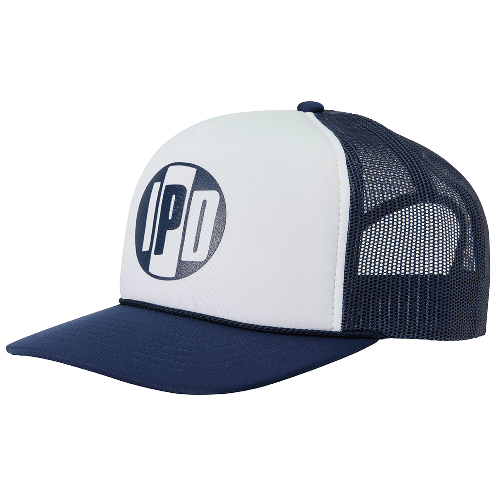 The classic trucker style and shape. This hat is white and navy. the back mesh, bill and details are navy. the front foam is white and has our Iconic IPD logo on the front in navy. Nylon foam front material, nylon mesh back, flat bill, rope detail, heat transfer logo, adjustable snap back.
