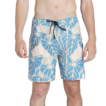 Banjo blue boardshorts with a large abstract beige offset floral print front view. 