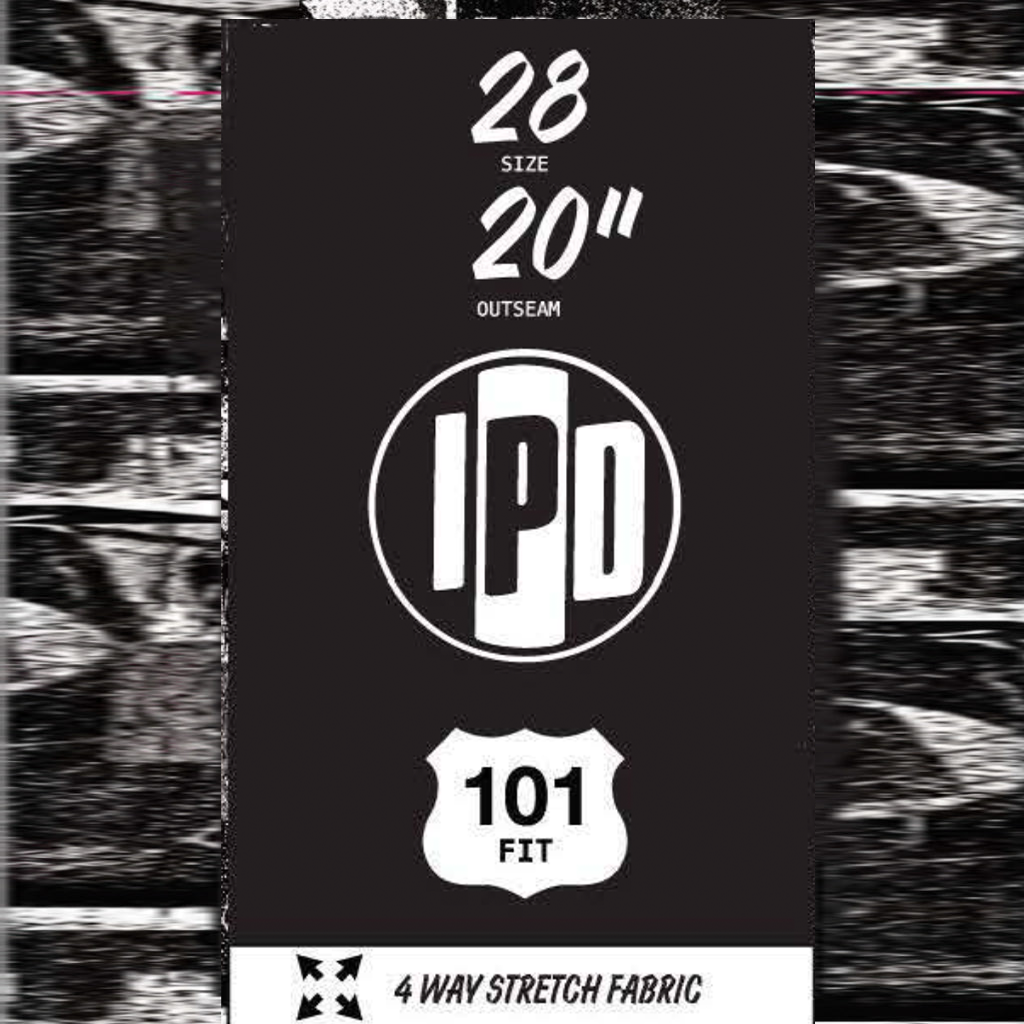 Front view of a product tag with an I P D logo in the center. Below the logo is an image imitating a white U S Route sign with the number 101 in the center and the word Fit below it. There's other various product information printed above and below the logos.