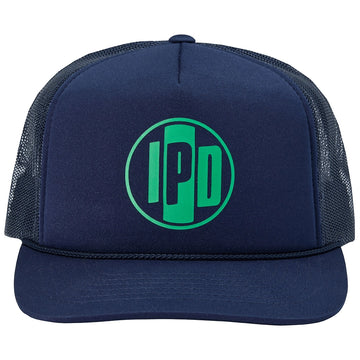 The classic trucker style and shape. This hat is white and navy. the back mesh, bill and details are navy. the front foam is white and has our Iconic IPD logo on the front in navy. Nylon foam front material, nylon mesh back, flat bill, rope detail, heat transfer logo, adjustable snap back.