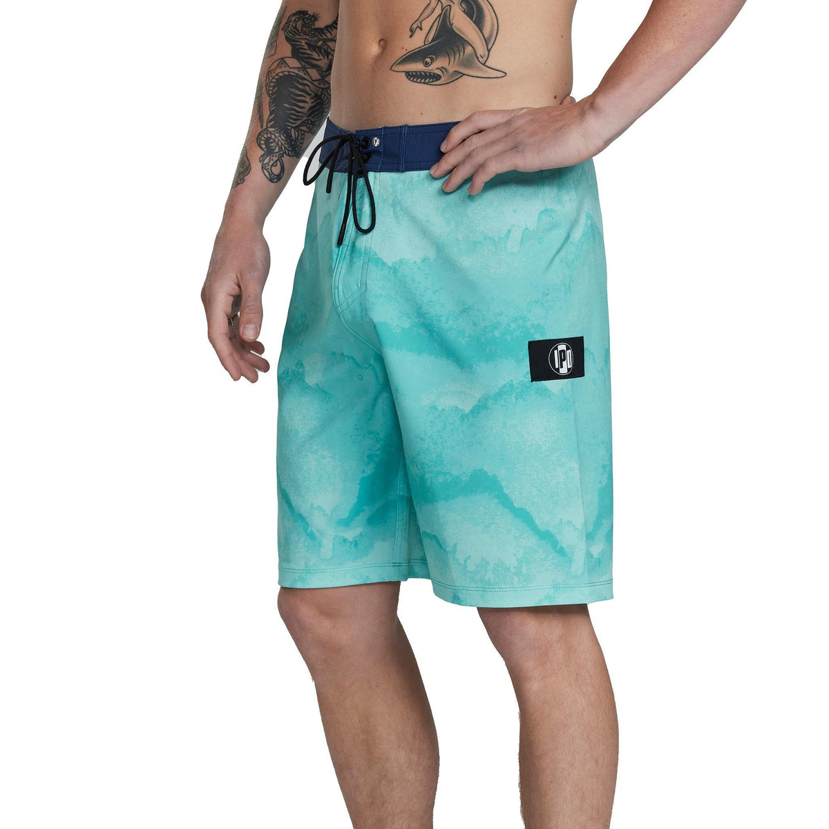 side view of mens backwash 101 fit 20&quot; boardshort in tulum - showing side ciricle IPD logo 