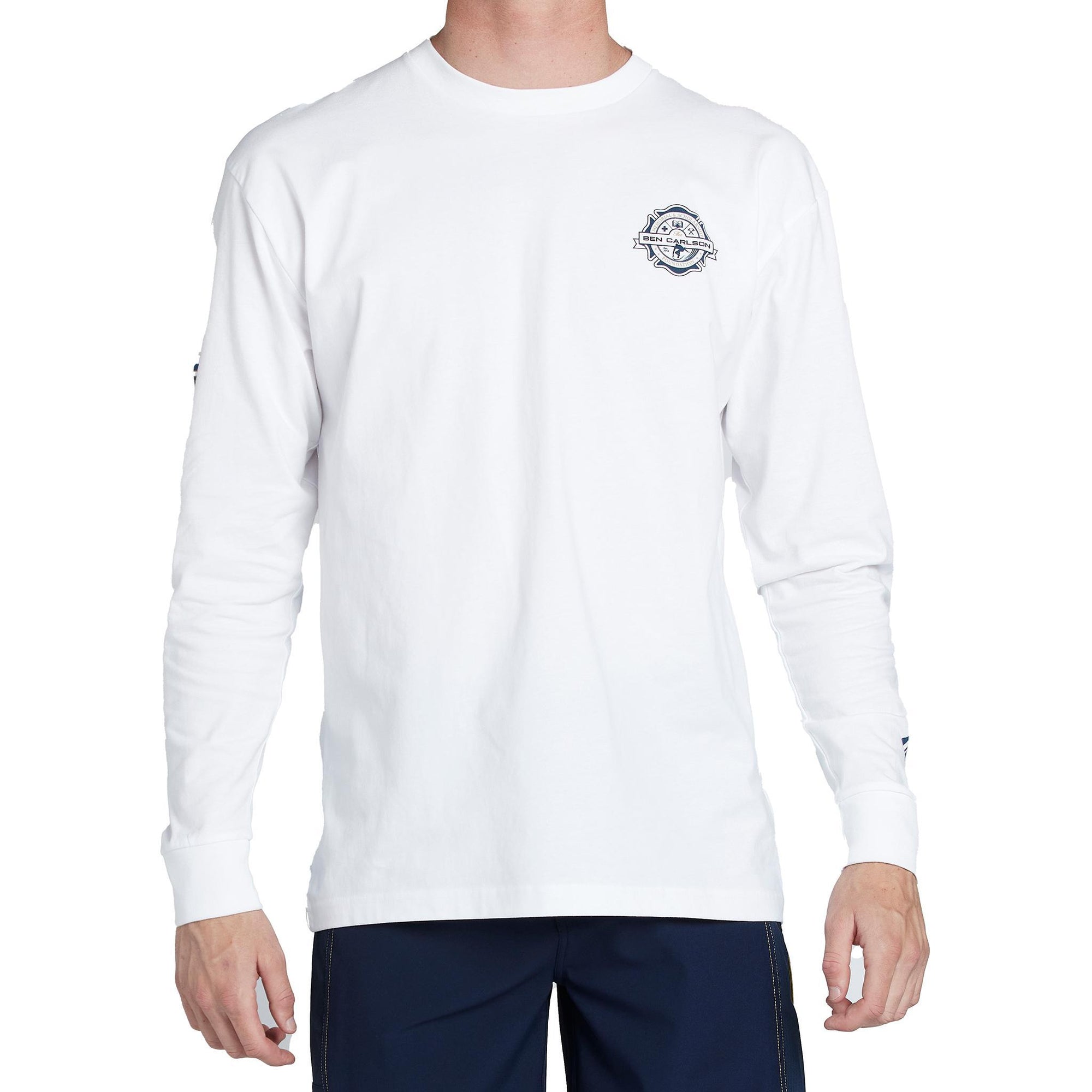 model wearing mens long sleeve ben carlson shirt in white. small ben carlson memorial and scholarship foundation logo on left chest 