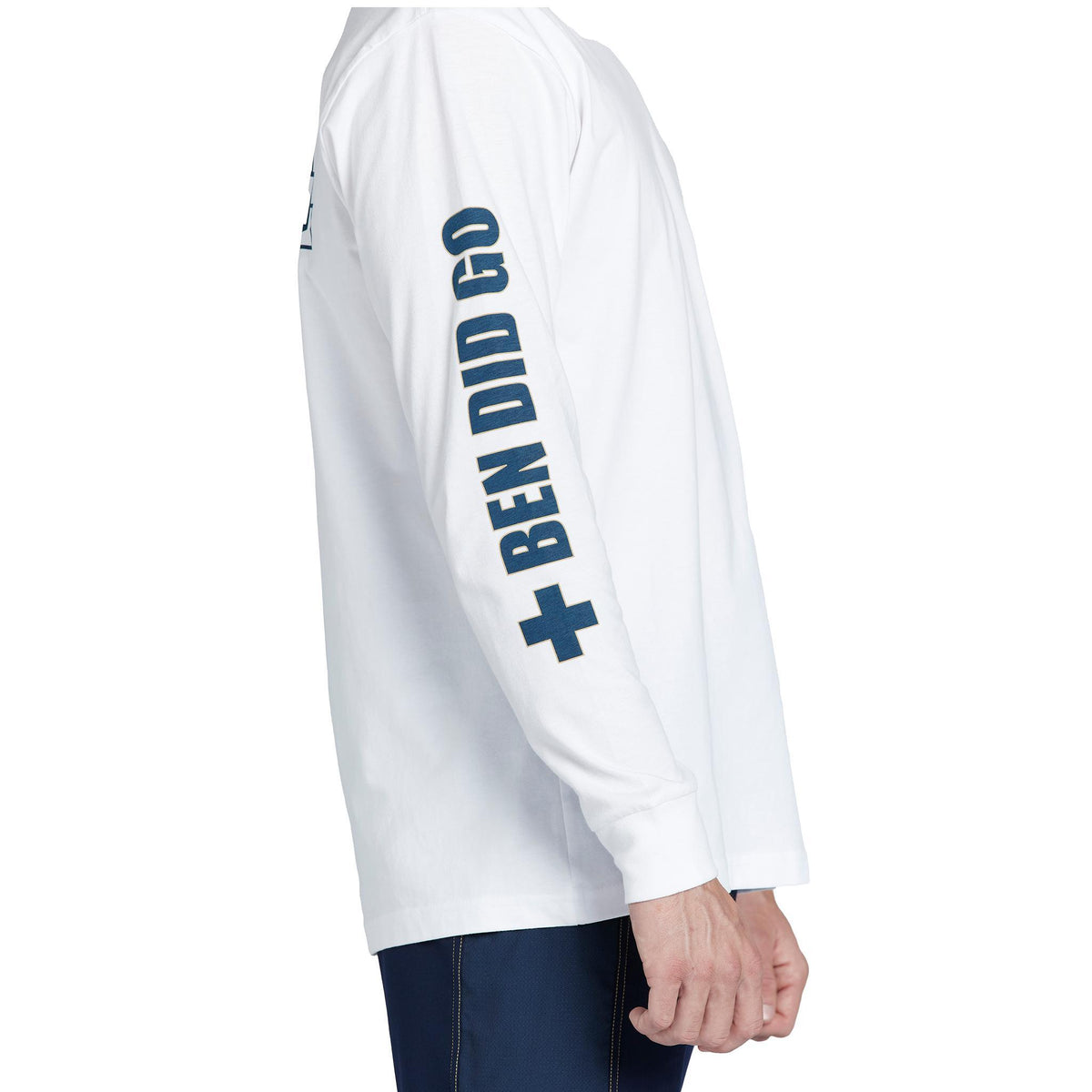 &quot;Ben Did Go&quot; on right arm of mens ben carlson long sleeve tee in white