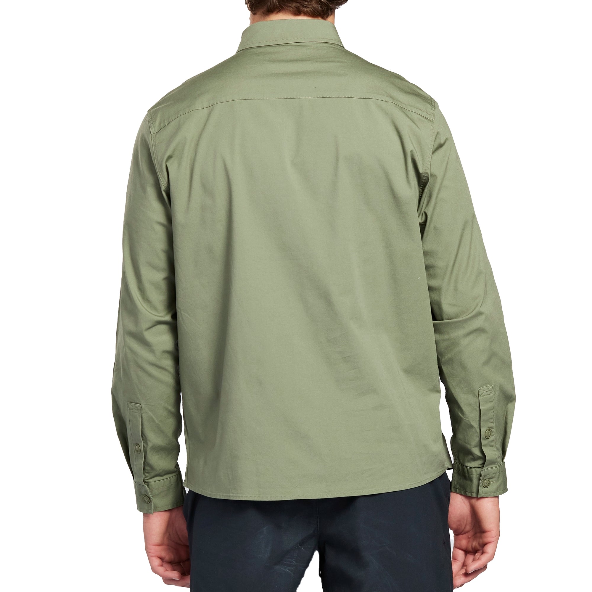 Moss green long sleeve button down canvas shirt front.
