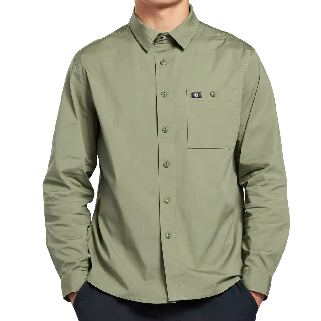 Moss green long sleeve button down canvas shirt front.