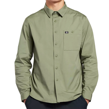 Moss green long sleeve button down canvas shirt front.