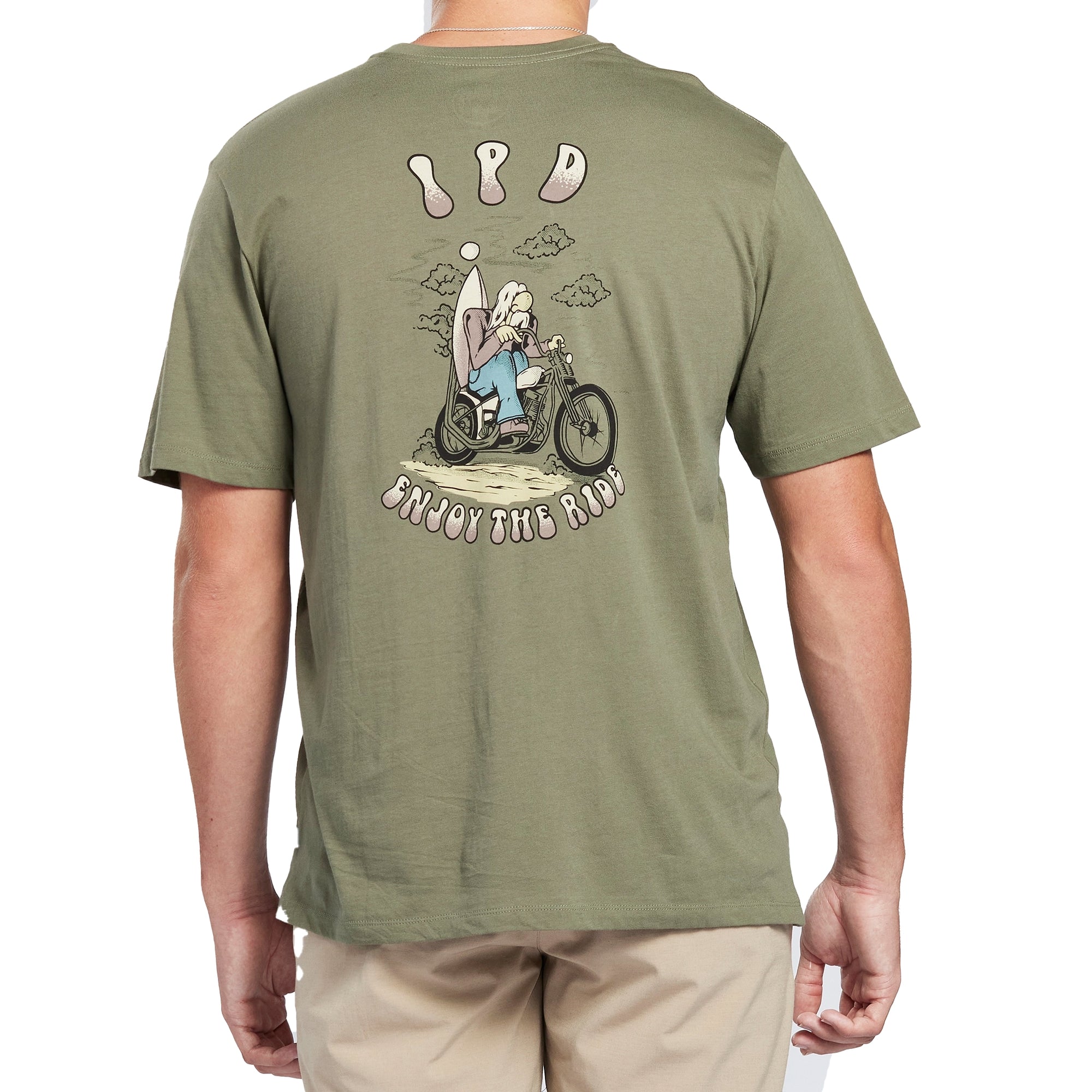 Olive tee with small I P D letters over the heart front