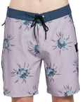 Moonstone gray boardshorts with blue trim and floral pattern front.