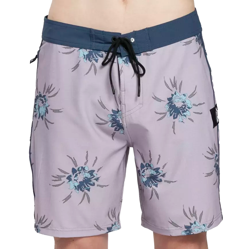 Moonstone gray boardshorts with blue trim and floral pattern front.