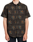 Black button up short sleeve shirt with floral pattern front.