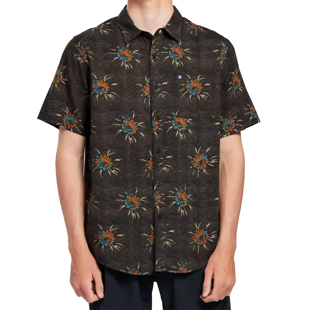 Black button up short sleeve shirt with floral pattern front.