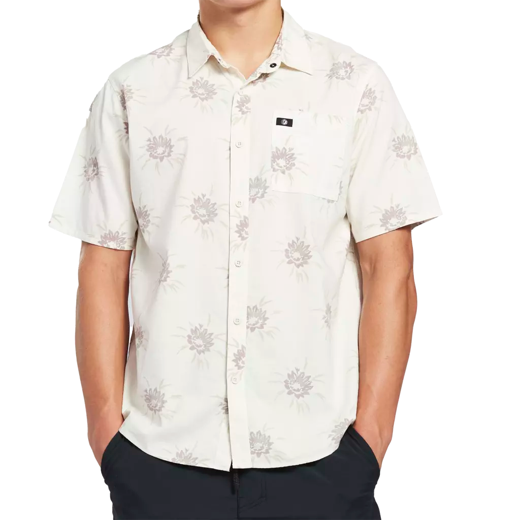 White haze button up short sleeve shirt with floral pattern front.