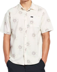 White haze button up short sleeve shirt with floral pattern front.