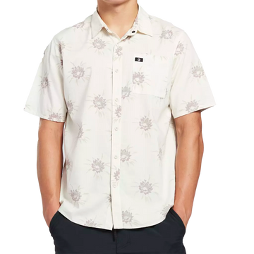 White haze button up short sleeve shirt with floral pattern front.