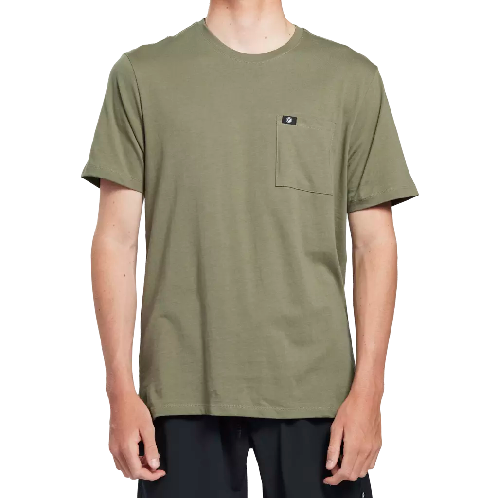 front view of mens foundation pocket tee in haze showing pocket on front left chest with small circular IPD logo on hem 