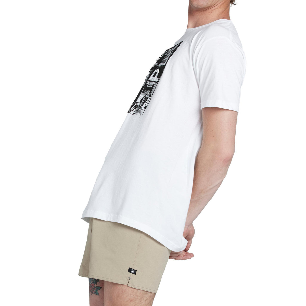 partial side view of the mens faceplant tee in white showing part of the logo and the right sleeve, which is plain white