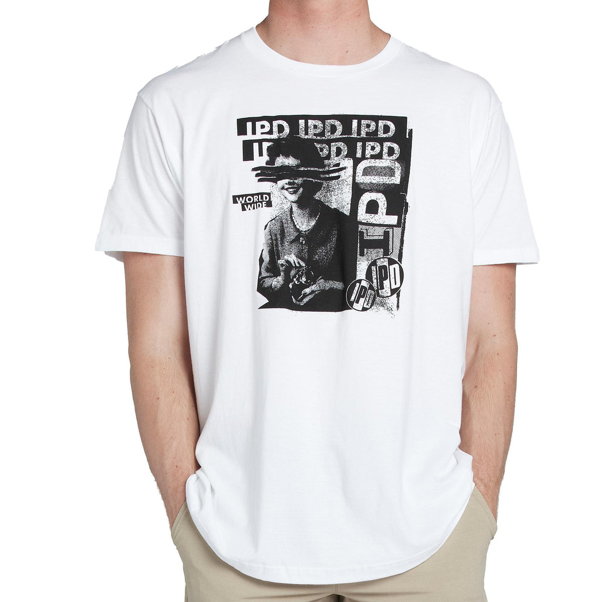 model wears mens faceplant tee in white showing large graphic on front side of women surrounded by IPD logos 