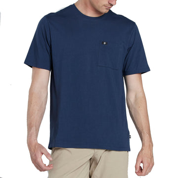 front view of mens foundation pocket tee in haze showing pocket on front left chest with small circular IPD logo on hem 