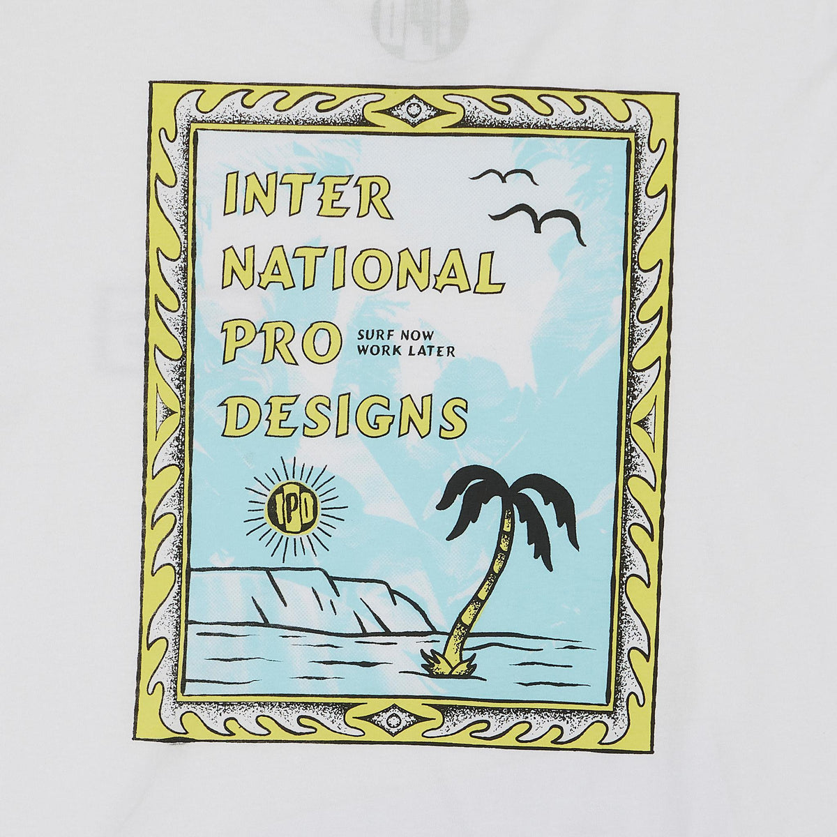 close up of large back graphic of postage stamp with wave boarder and internationla pro designs above a palm tree and outline of coast