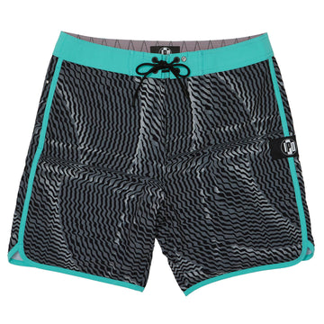 Front side view of navy blue and olive green abstract striped boardshorts with blends of red and an I P D logo on the side.