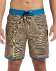 Front view of black and yellow abstract striped boardshorts mimicking sound frequency with light blue trim.