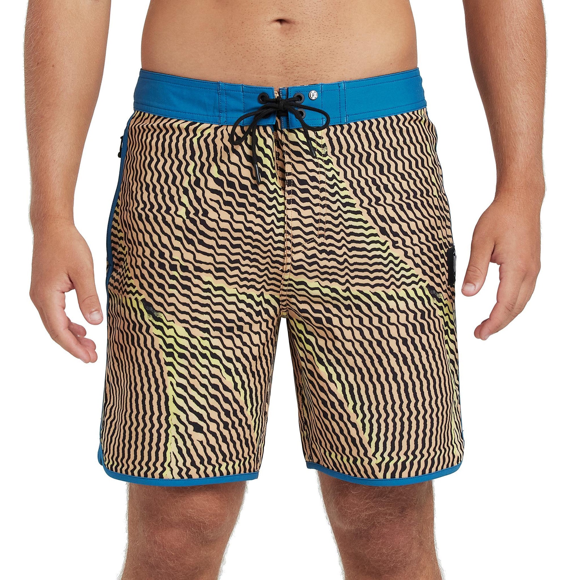Front view of black and yellow abstract striped boardshorts mimicking sound frequency with light blue trim.