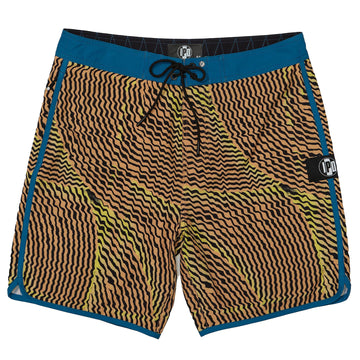 Front side view of navy blue and olive green abstract striped boardshorts with blends of red and an I P D logo on the side.