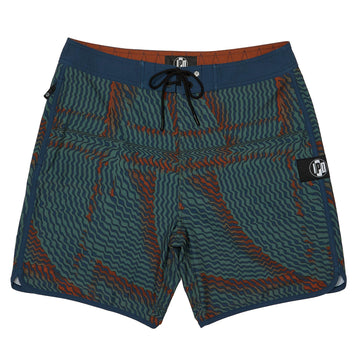 Front side view of navy blue and olive green abstract striped boardshorts with blends of red and an I P D logo on the side.
