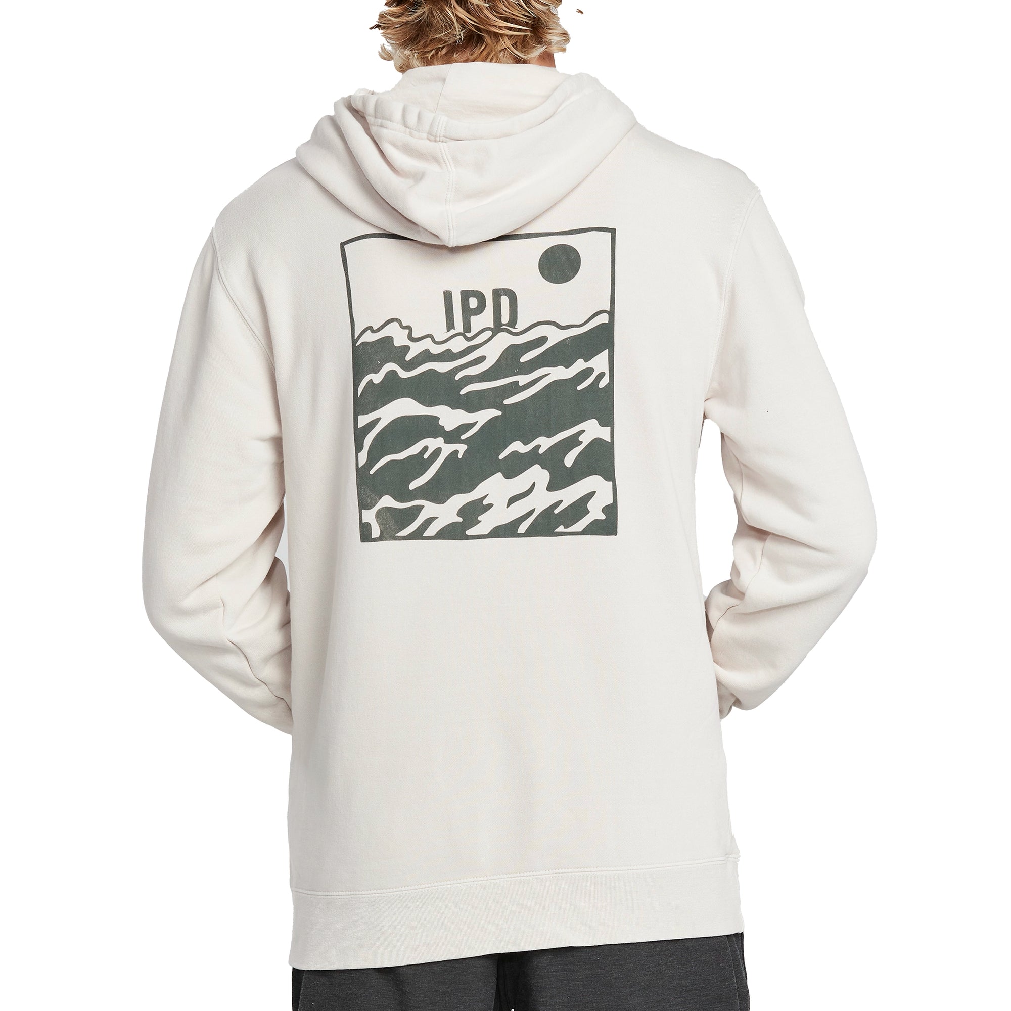Back of an ivory fleece hoodie with a large, dark mineral green rectangular framed print of choppy water with the letters I P D above the water and a circular sun in the top right corner of the frame.