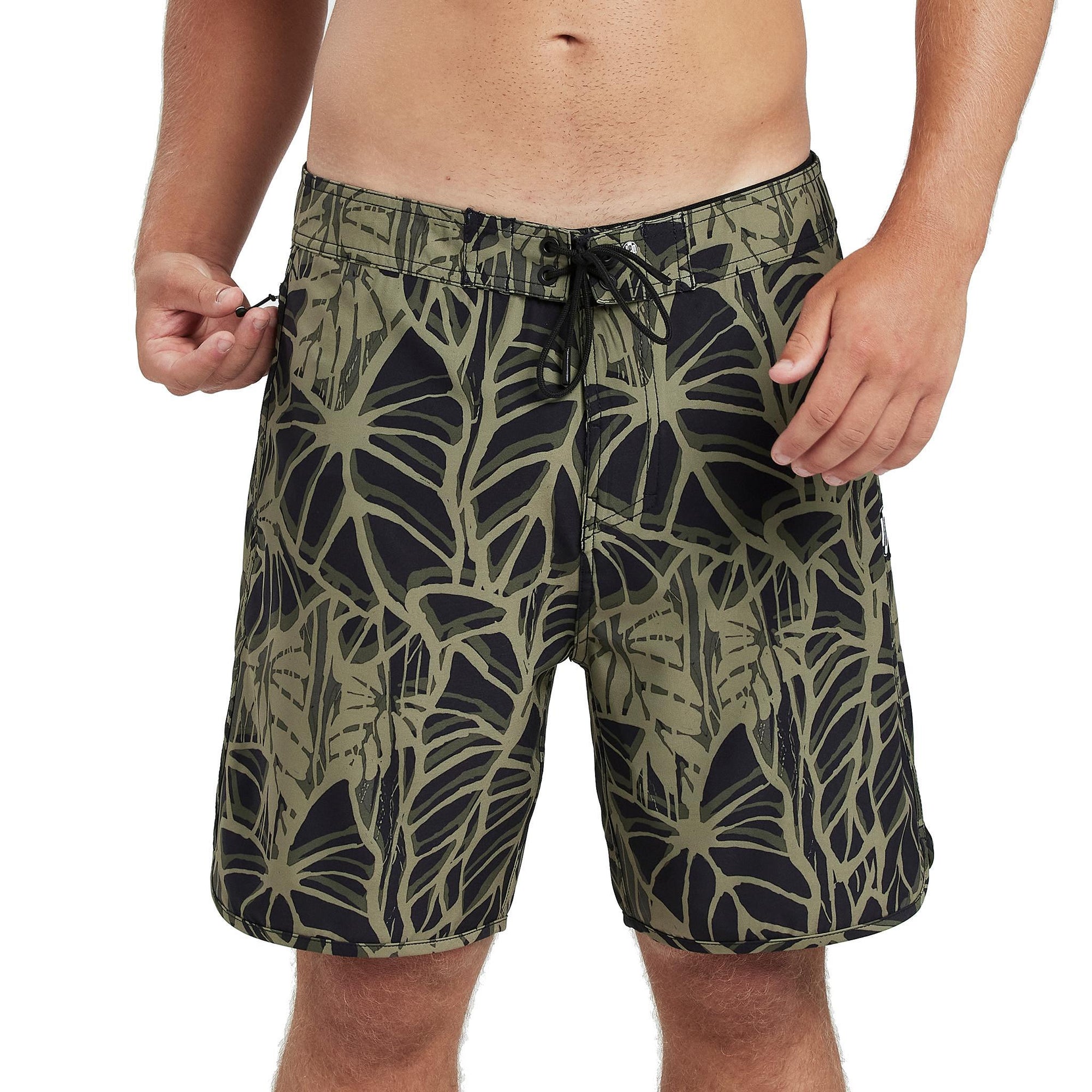 Banjo blue boardshorts with a large abstract beige offset floral print front view. 