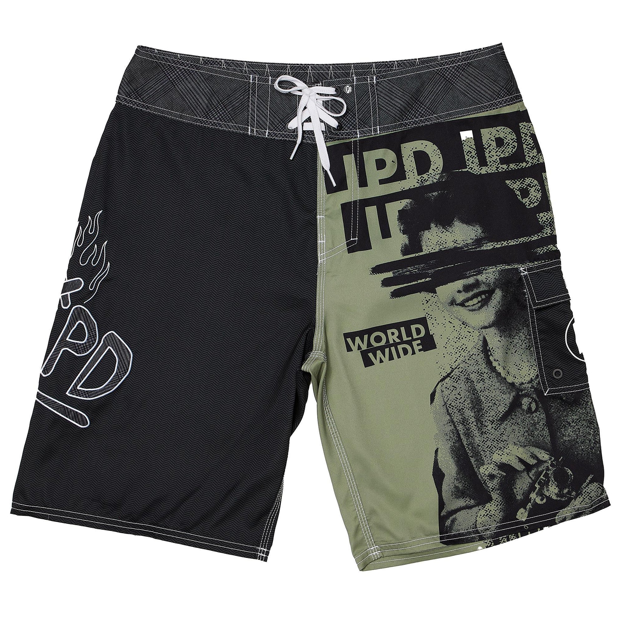 front view of mens faceplant y2k fit 22&quot; boardshort in black showing large IPD on right leg and full  graphic covering left leg of women surrounded by IPD logos 