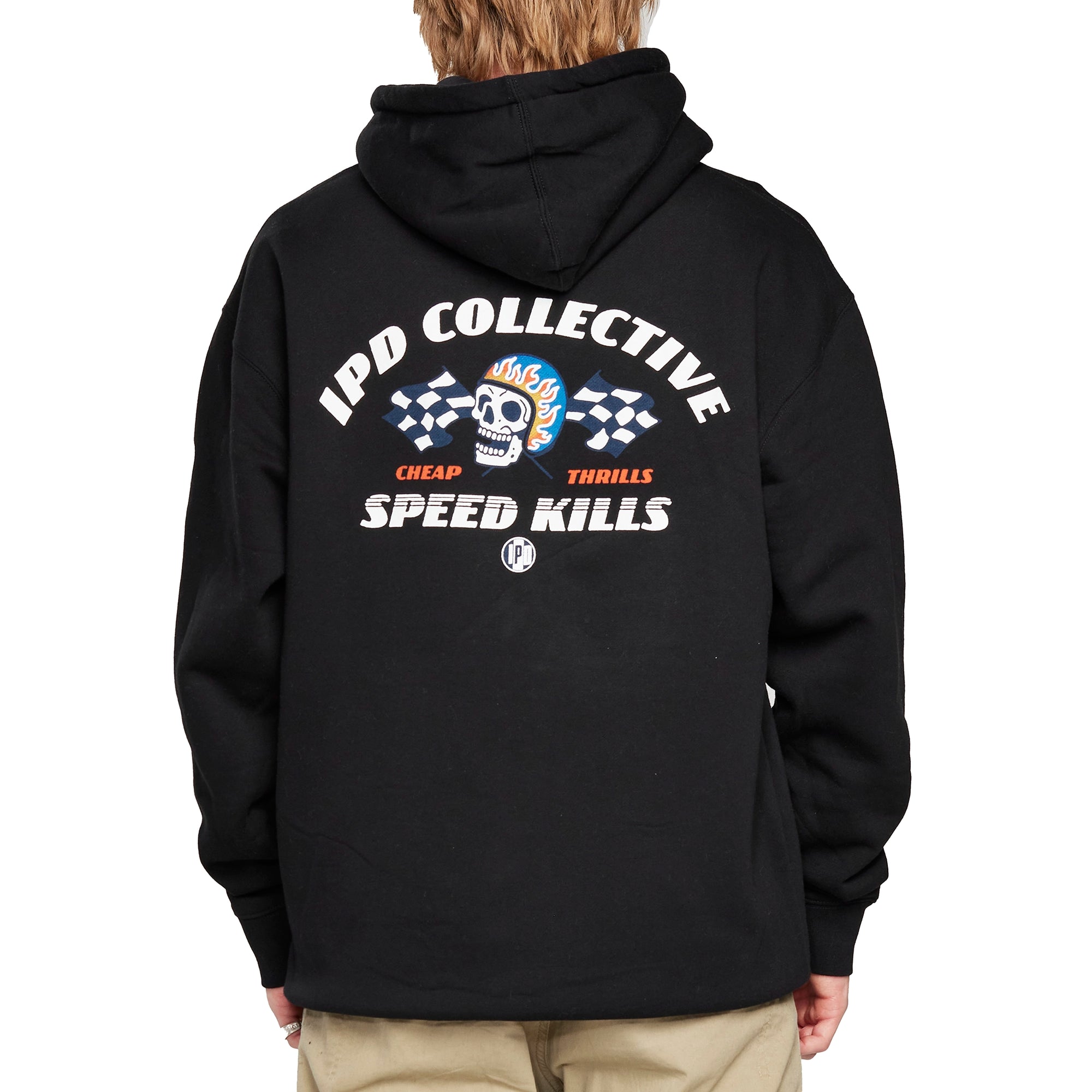 Back view of a white loose fitting fleece hoodie with a large print of a skull wearing a light blue racing helmet with flames in between two checkered flags with the words "I P D Collective" arching above and the words "Cheap Thrills" and "Speed Kills" below.