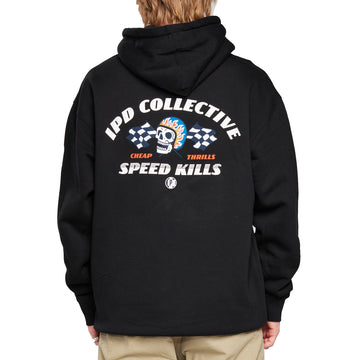 Back view of a white loose fitting fleece hoodie with a large print of a skull wearing a light blue racing helmet with flames in between two checkered flags with the words I P D Collective arching above and the words Cheap Thrills and Speed Kills below.