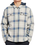 Fleece hooded white beige flannel jacket with navy blue stripes front.