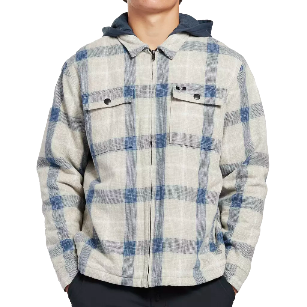 Fleece hooded white beige flannel jacket with navy blue stripes front.