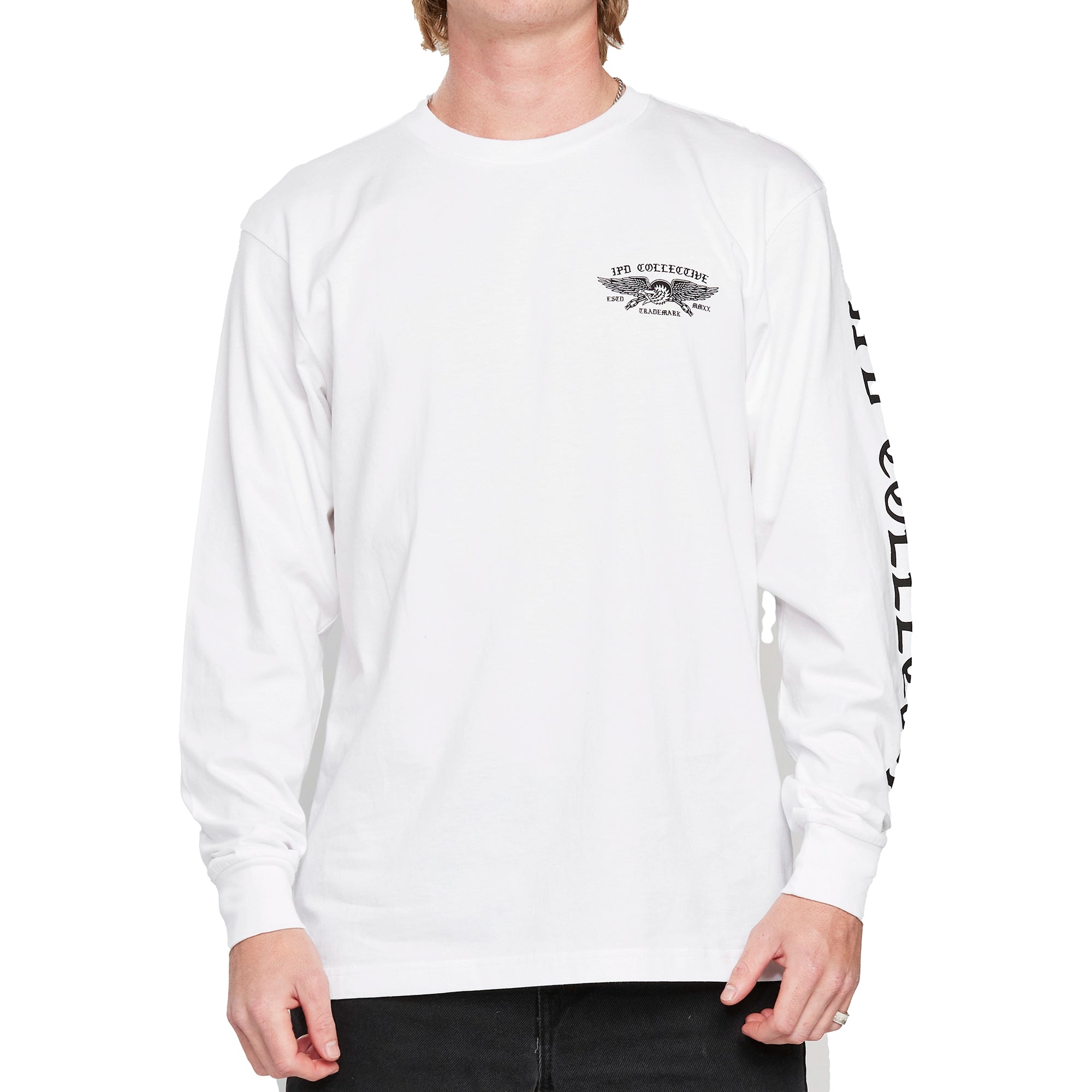 Back view of a white long sleeve tee with a large printed black emblem of an old ship sailing at sea. Above the emblem is an eagle spreading its wings with two American flags on each side. Below the emblem is a rose with symmetrical spider webs on each side. The I P D logo is below.